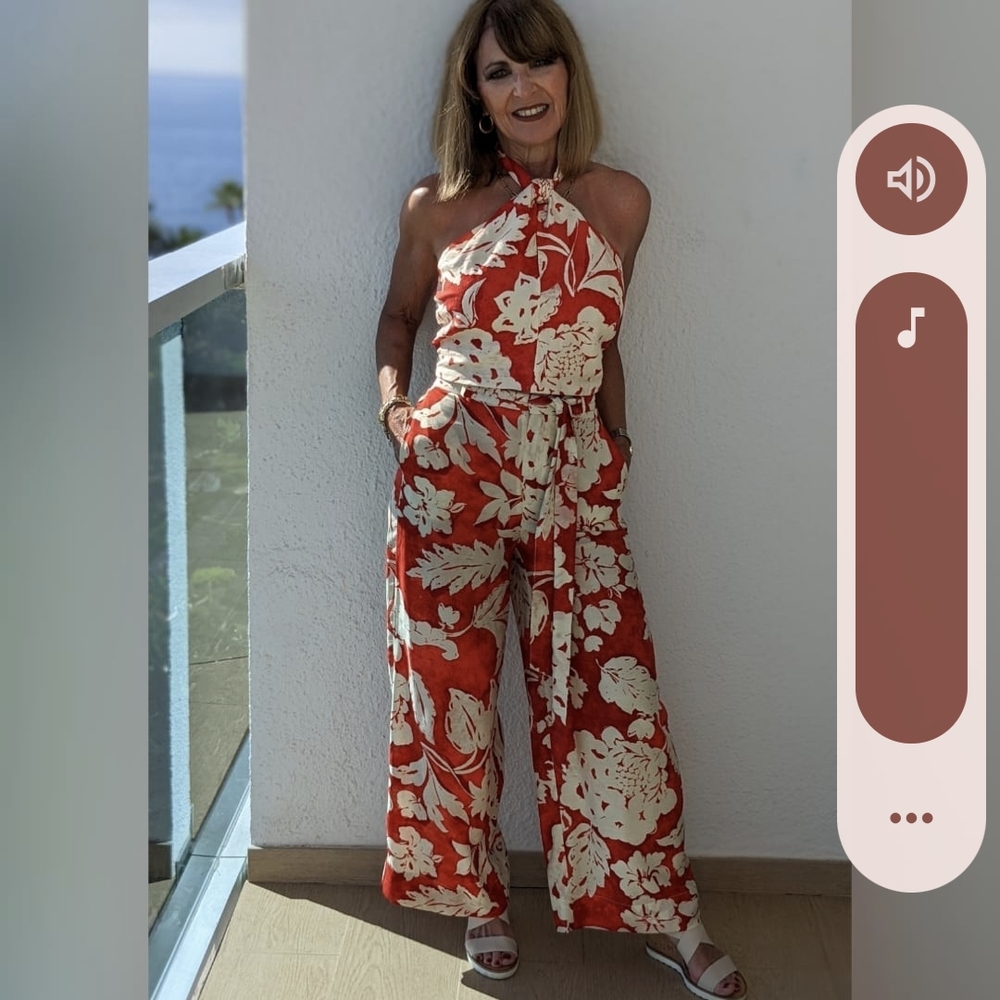 Floral Halter And Wide Leg Pants - Red and White